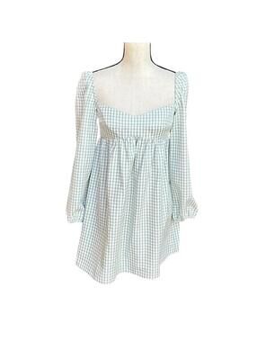 Gingham Square-Neck Long Sleeve Mini Dress - Light Green